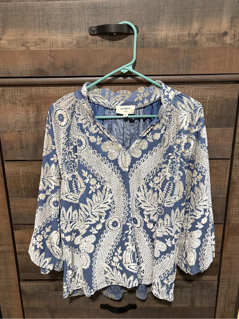 Umgee Blue Paisley Floral V-Neck Button Blouse